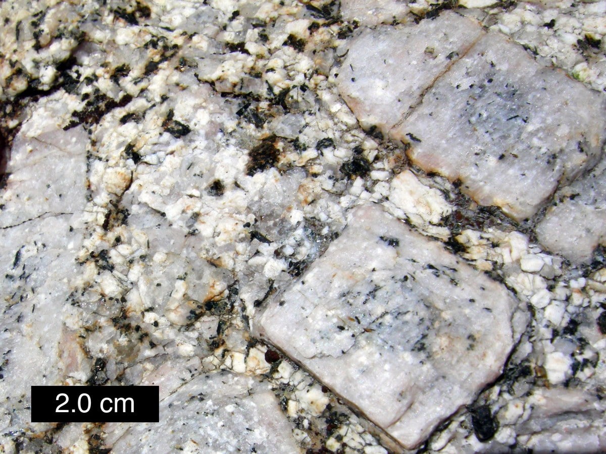 Close-up of coarse-grained granite showing interlocking crystals
