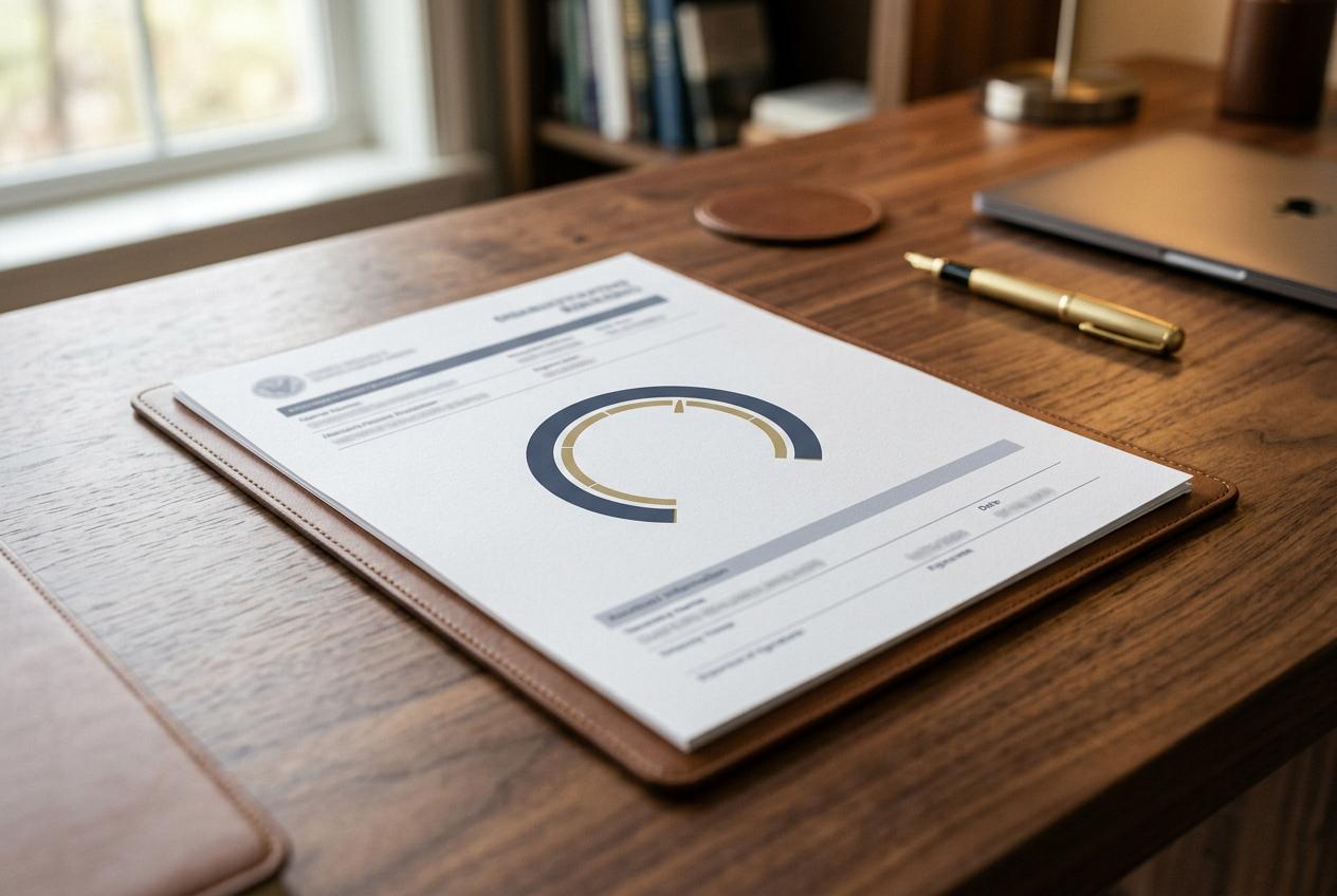 A disability rating document on a desk showing a percentage gauge graphic