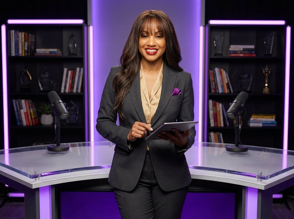 LyNea LB Bell in charcoal gray pantsuit at a professional interview desk with purple lighting