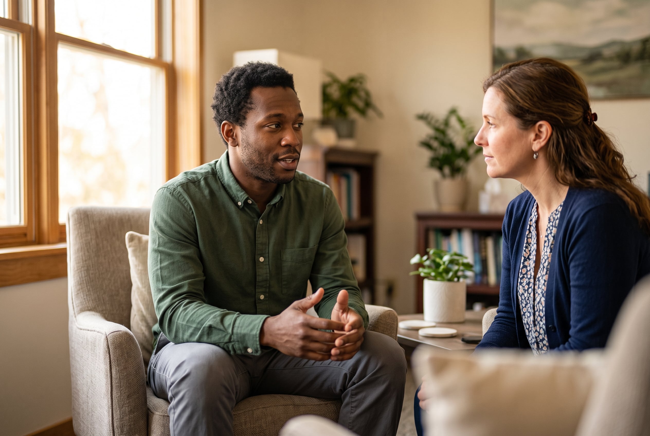 A veteran being listened to in a supportive one-on-one mental-health counseling session