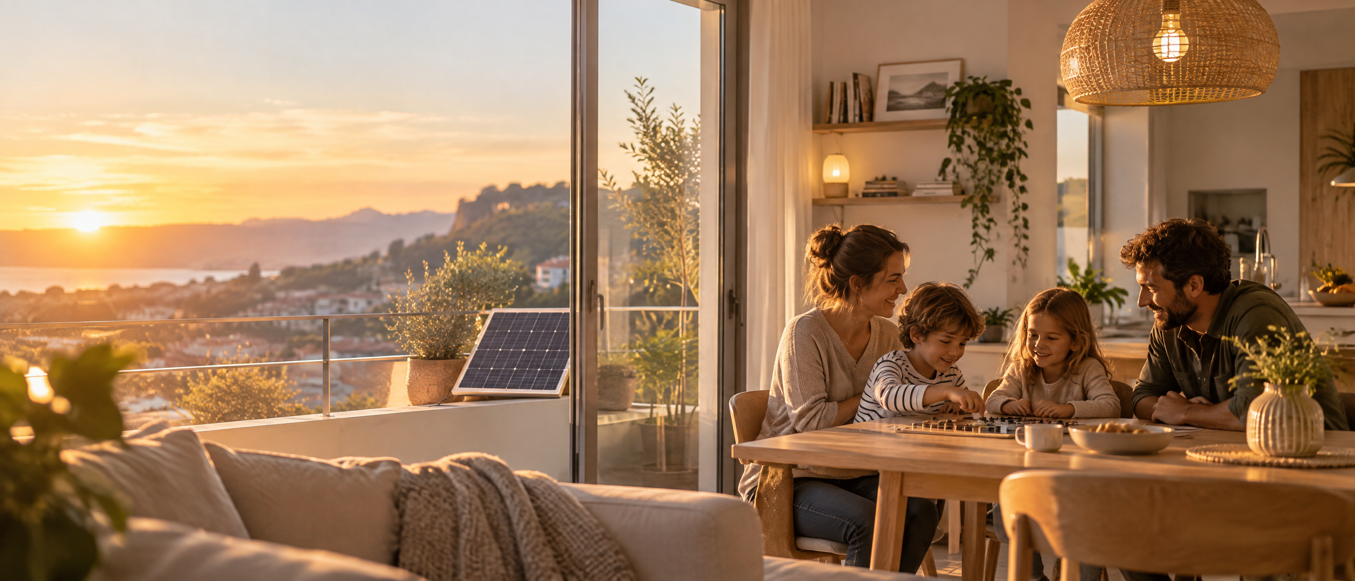 Une famille dans un intérieur lumineux au lever du soleil, énergie du quotidien