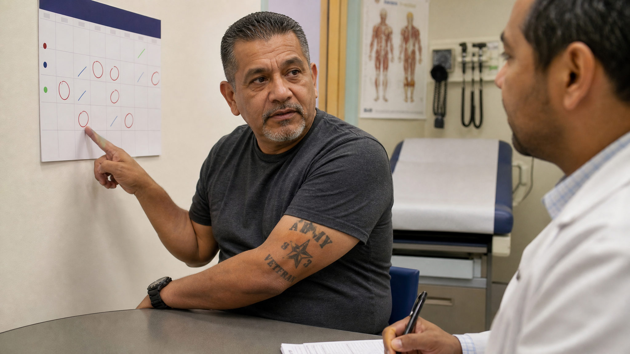 A veteran pointing to marked dates on a calendar while discussing flare-up frequency with a clinician