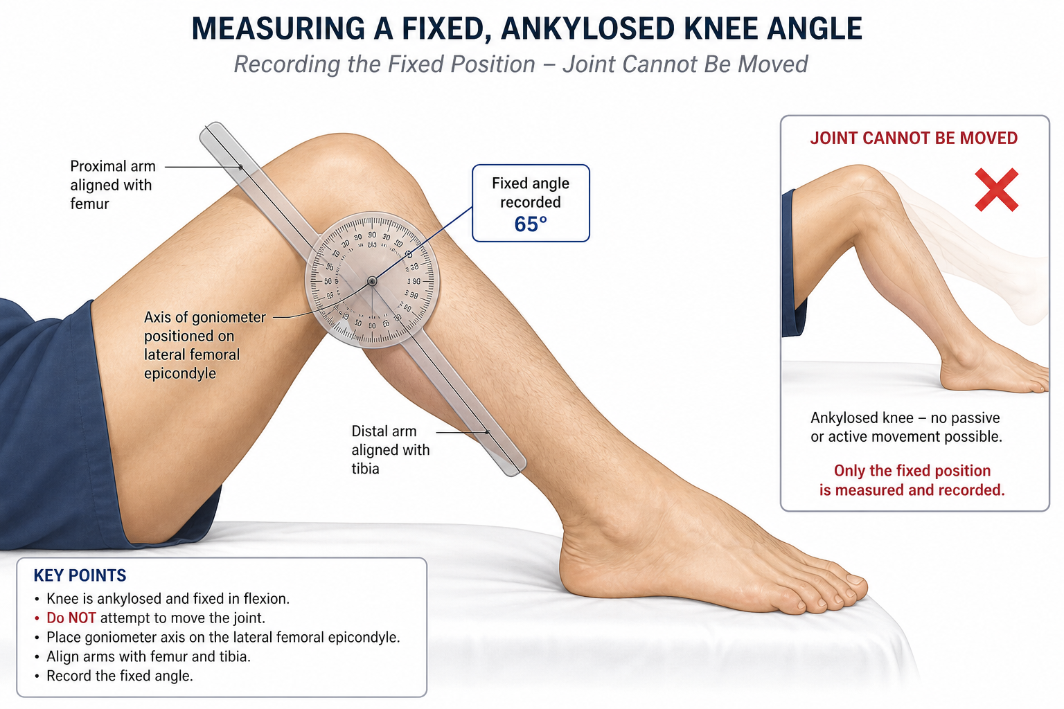 Clinical illustration of a goniometer being used to measure the fixed flexion angle of a surgically fused knee