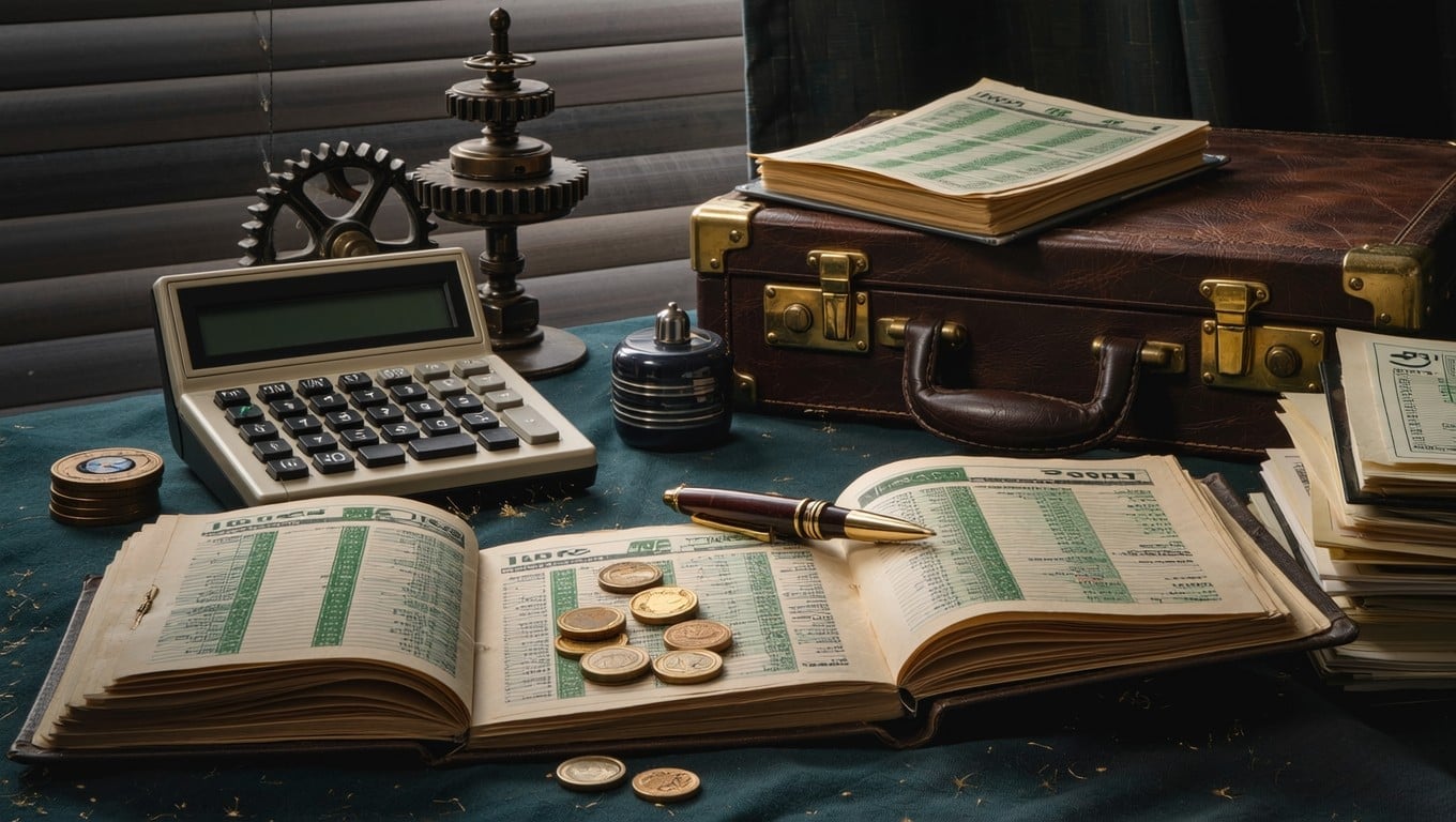 Professional bookkeeping desk with calculator and financial ledgers