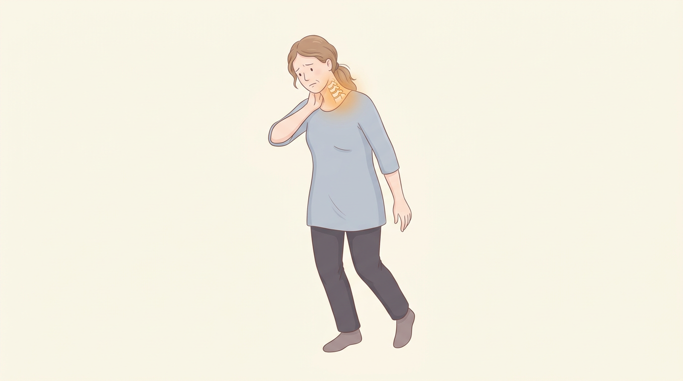 Illustration of a person holding a stiff, painful neck while looking unsteady, the neck glowing to show pain