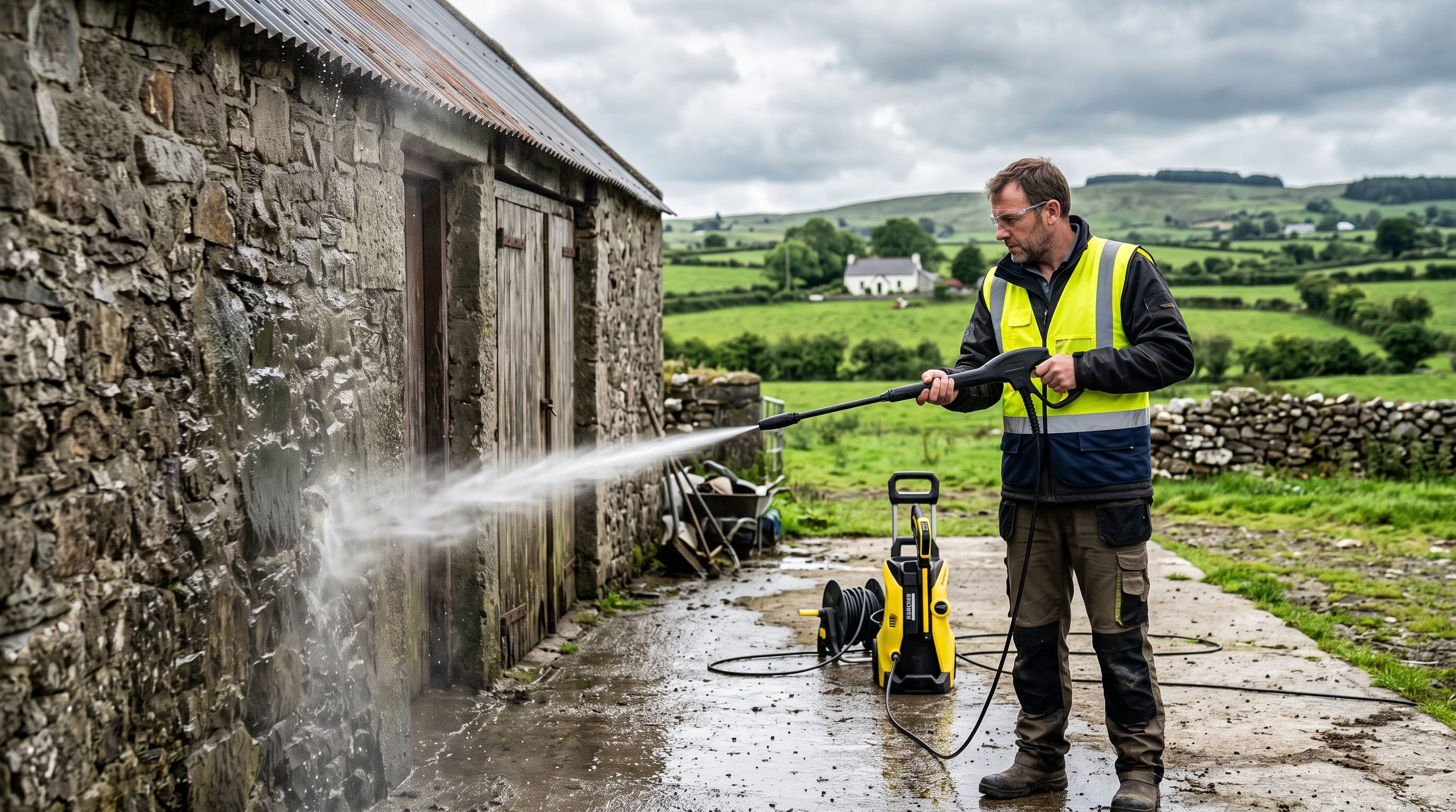 Professional worker using power sprayer in the Irish countryside