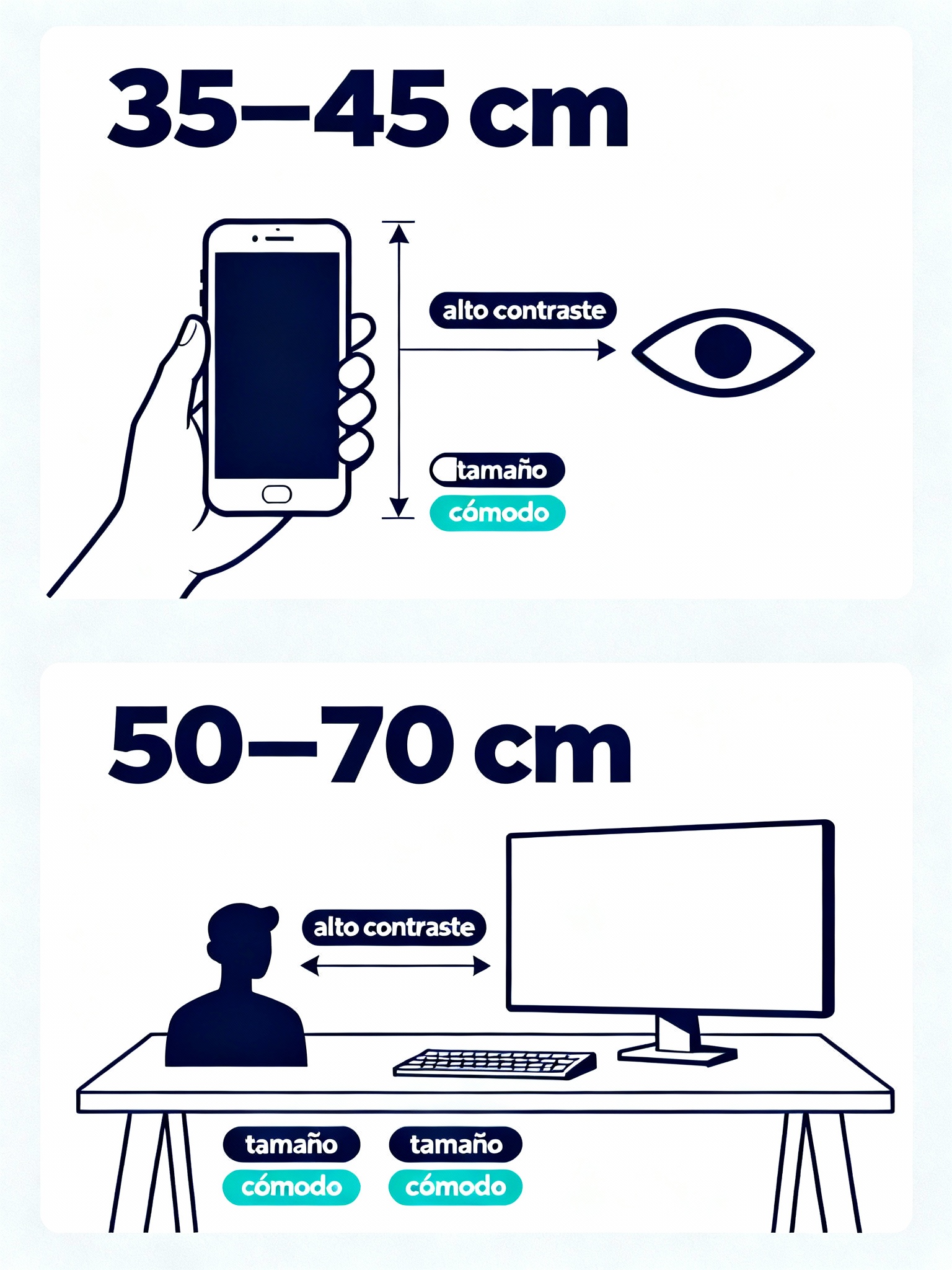 Gráfico con distancias recomendadas: móvil 35–45 cm y monitor 50–70 cm con notas de alto contraste y tamaño cómodo.