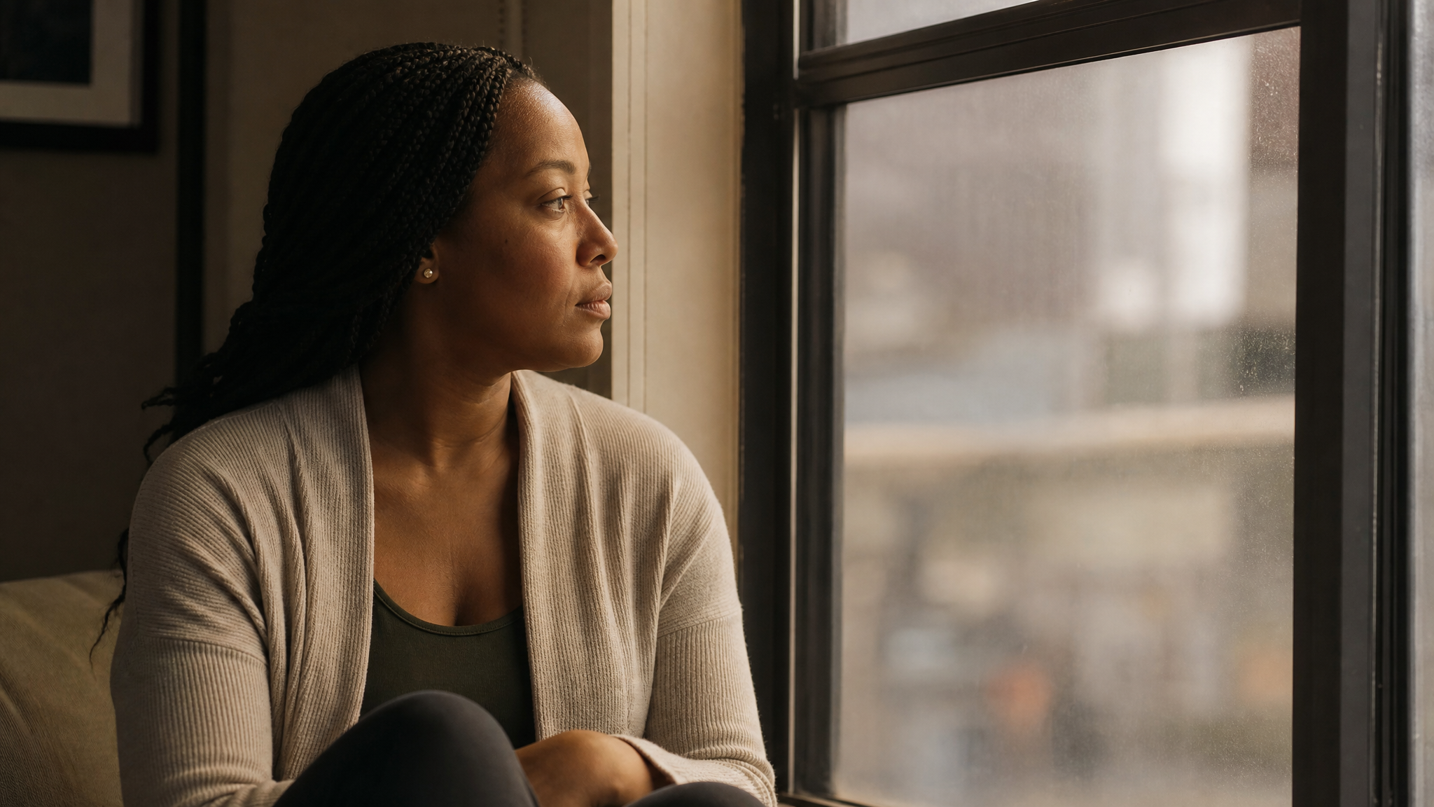 A woman veteran in a quiet, reflective moment by a window