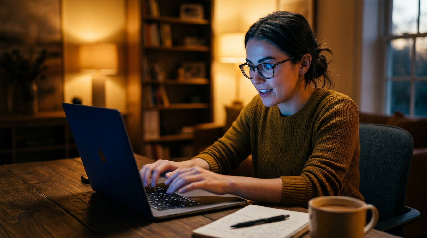 Pessoa digitando ativamente no laptop com energia e foco após superar a resistência inicial