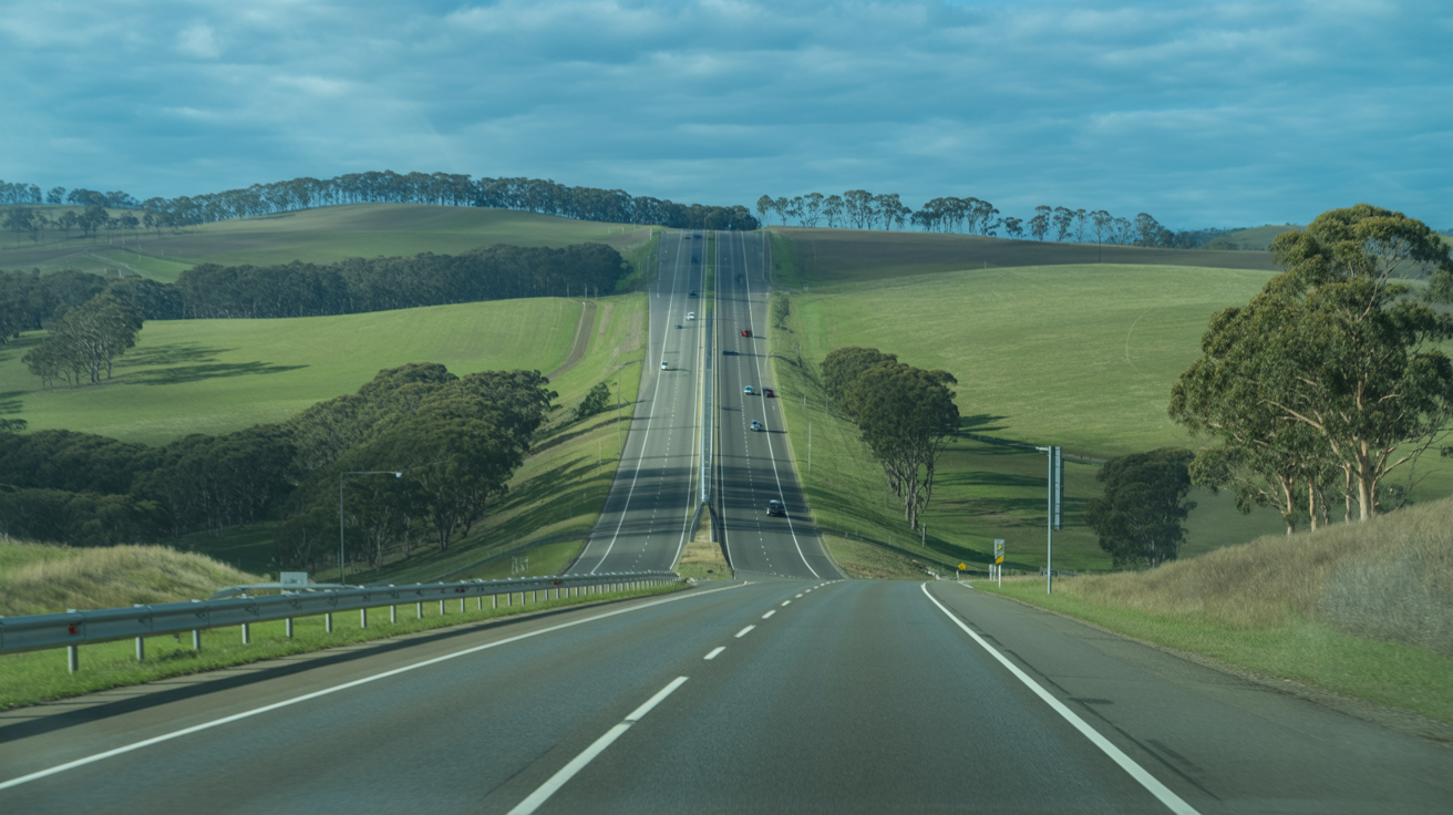 Scenic Hume Highway between Melbourne and Sydney through rolling green Australian hills