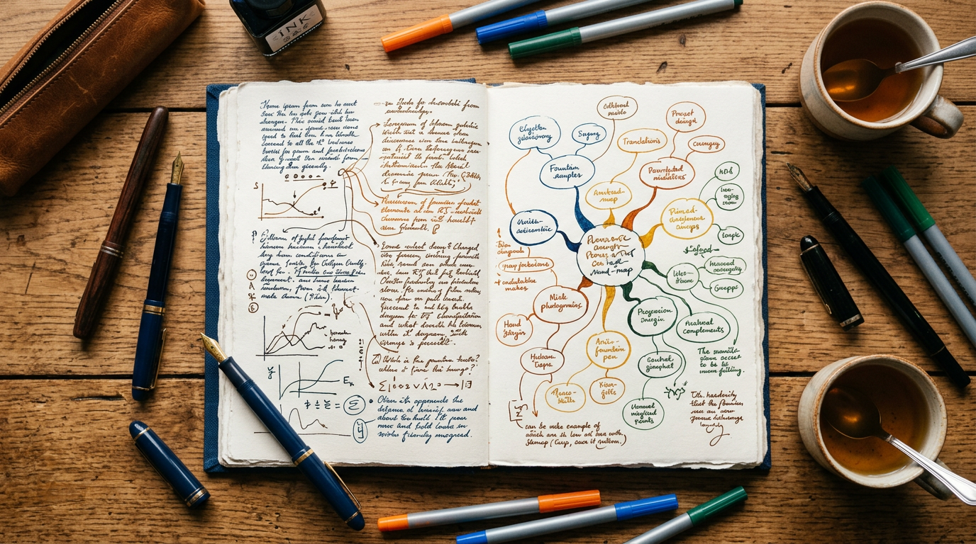 Diário aberto com mapa mental colorido representando journaling como exercício mental