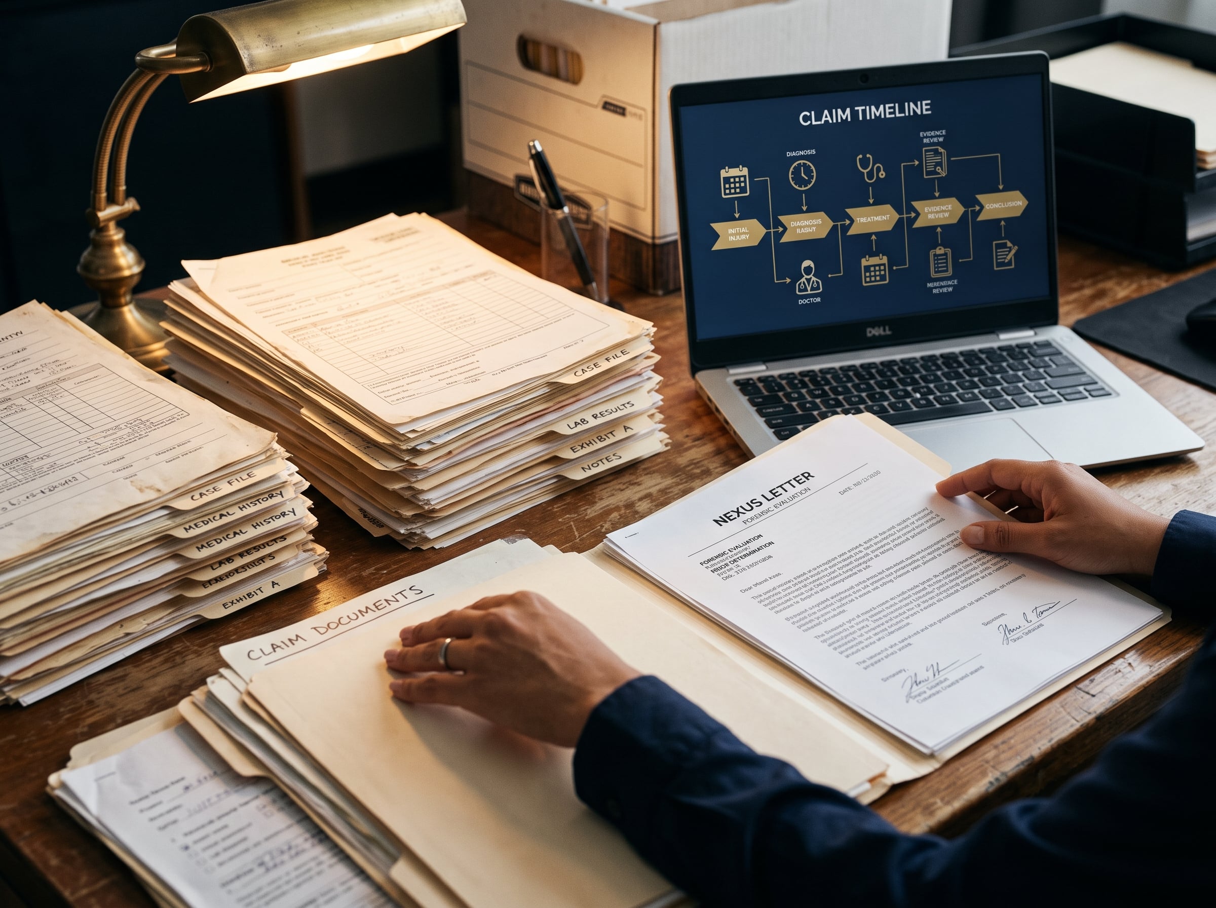 An advocate carefully organizing medical records and evidence for a VA claim
