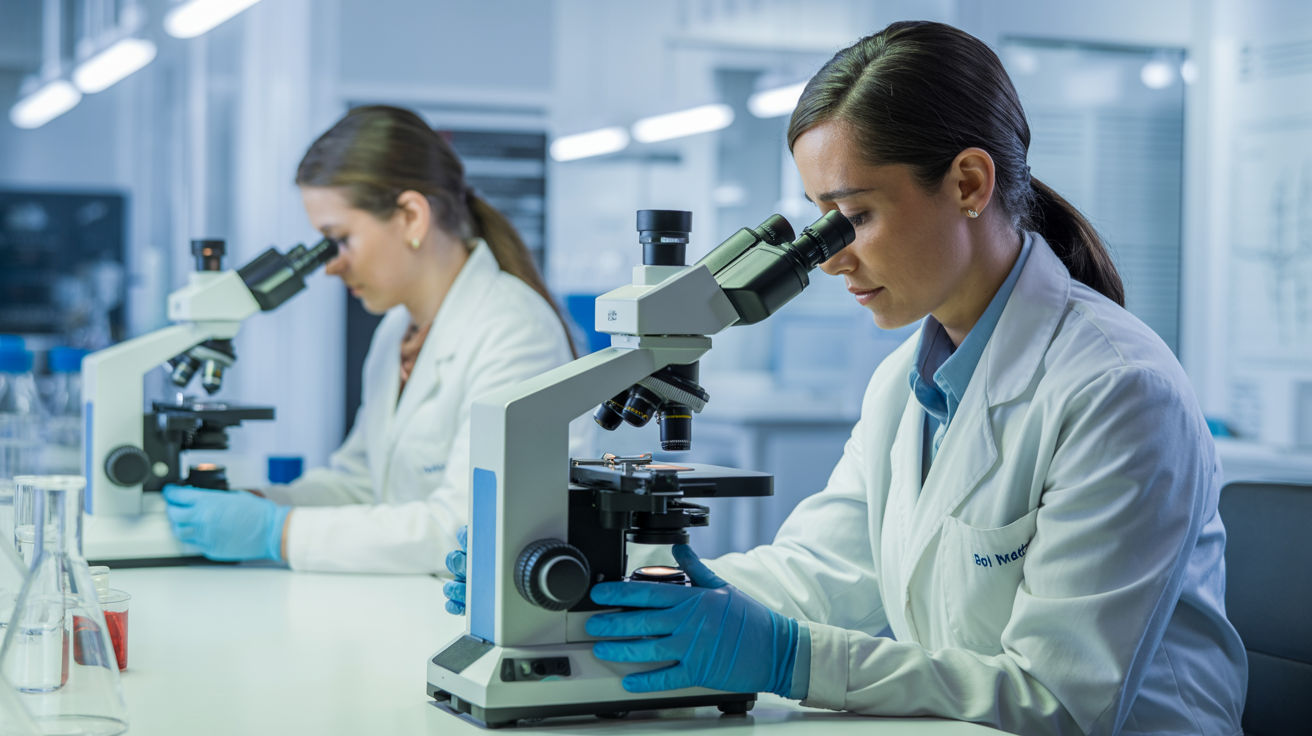 Modern medical research laboratory with female scientists collaborating on regulatory affairs projects