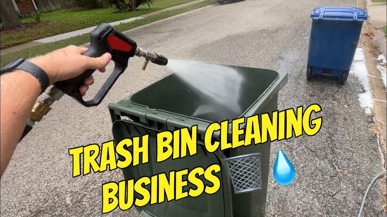 Professional trash bin being cleaned with high-pressure water