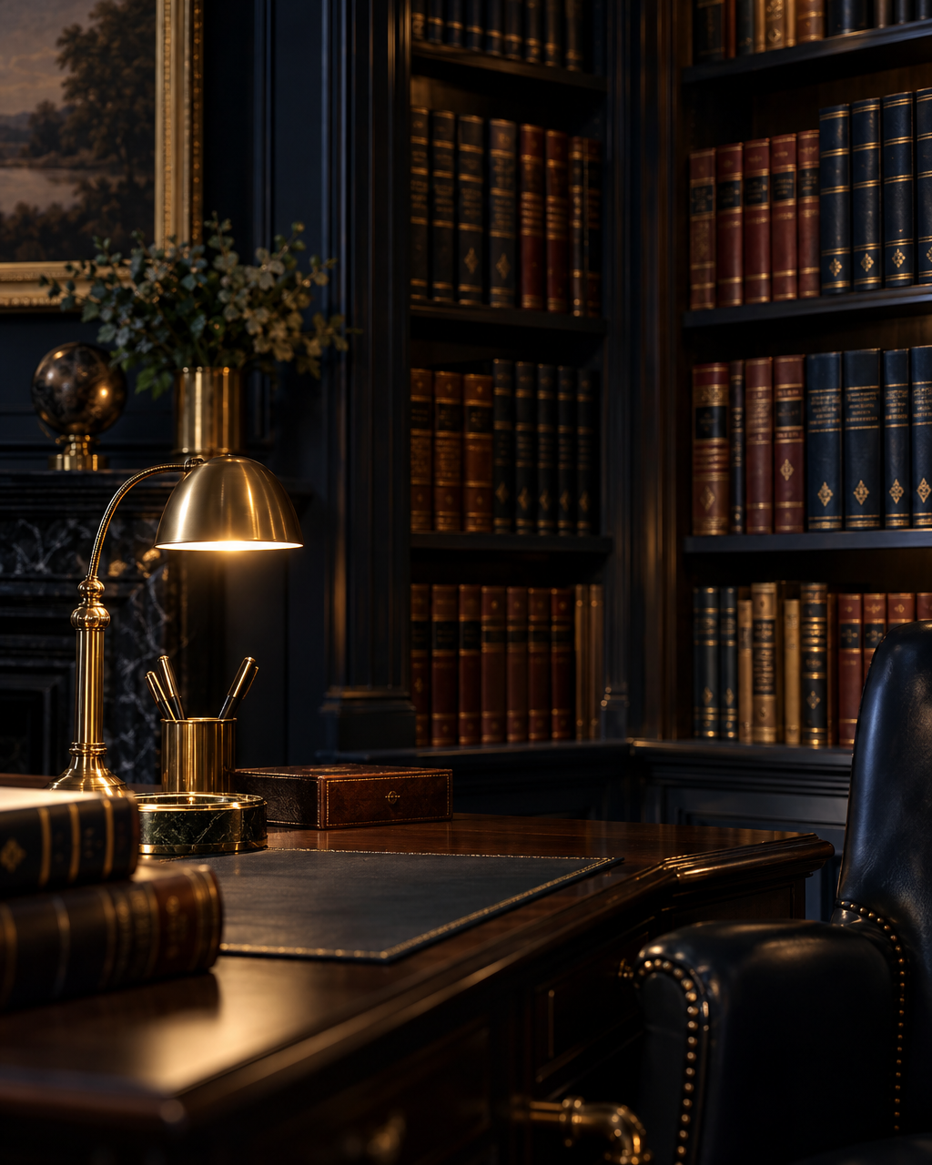 Biblioteca jurídica con códigos y volúmenes de derecho