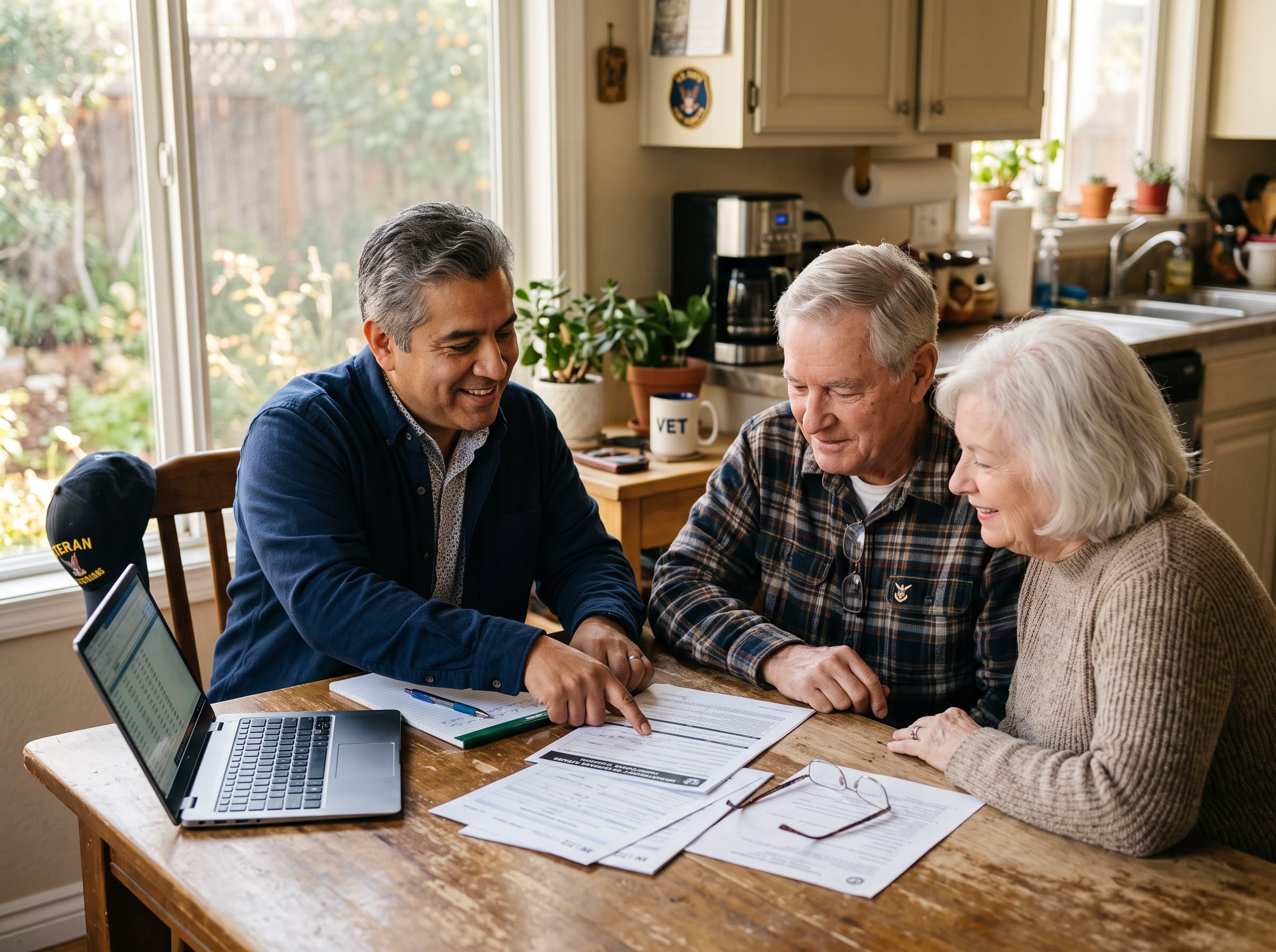 A Hispanic advisor reviewing benefit paperwork with a veteran at a kitchen table