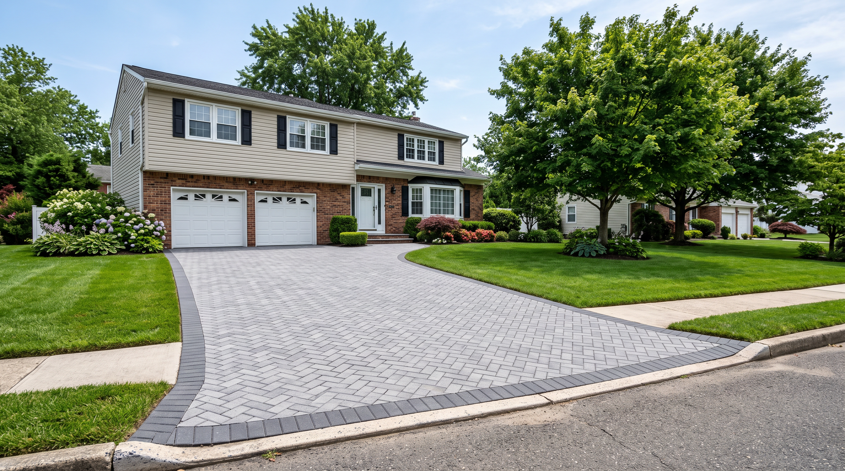 Herringbone paver driveway at NJ split-level home