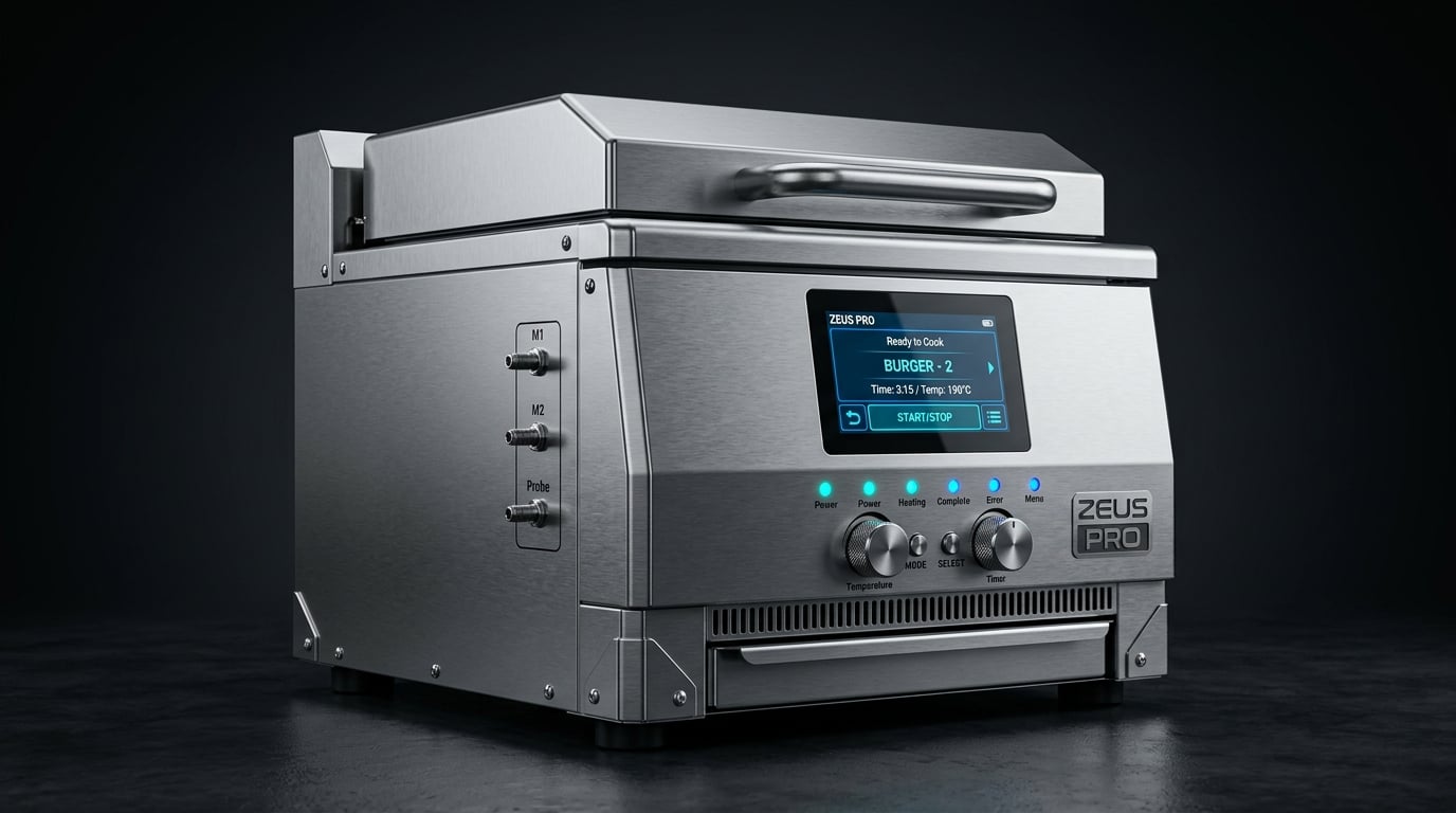 Zeus Pro — dual-patty commercial cooker with touchscreen for casual dining restaurants