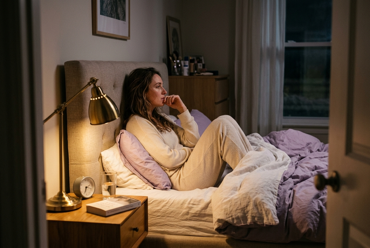 A woman sitting awake at night in soft lamplight, feeling alone and unable to sleep