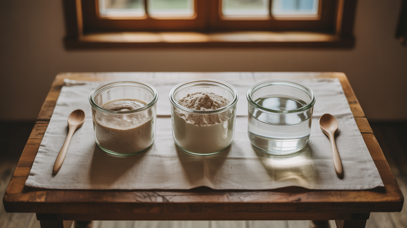 Three identical glass jars of equal-weight sourdough starter, flour, and water on rustic linen