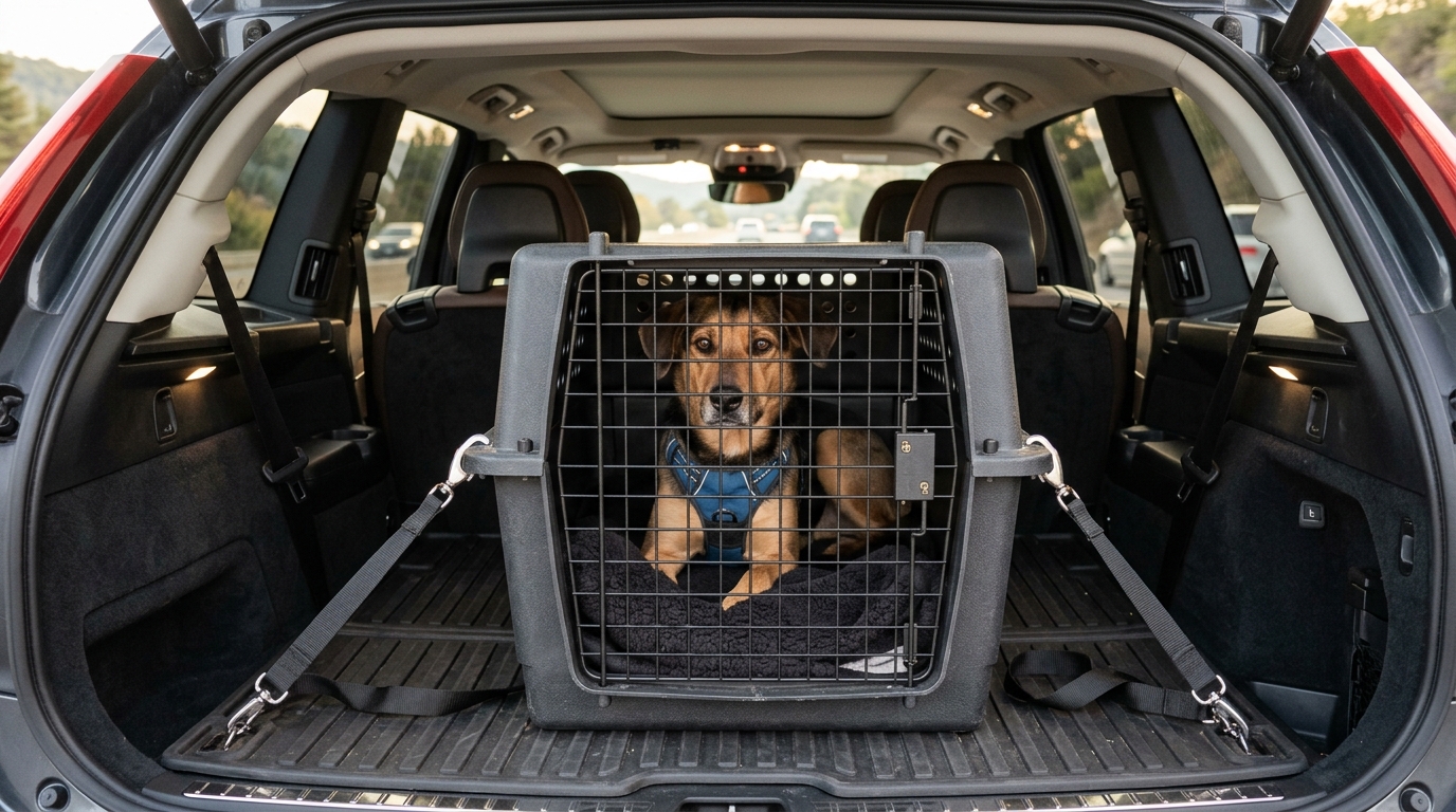 A dog safely secured in a sturdy travel crate inside a vehicle