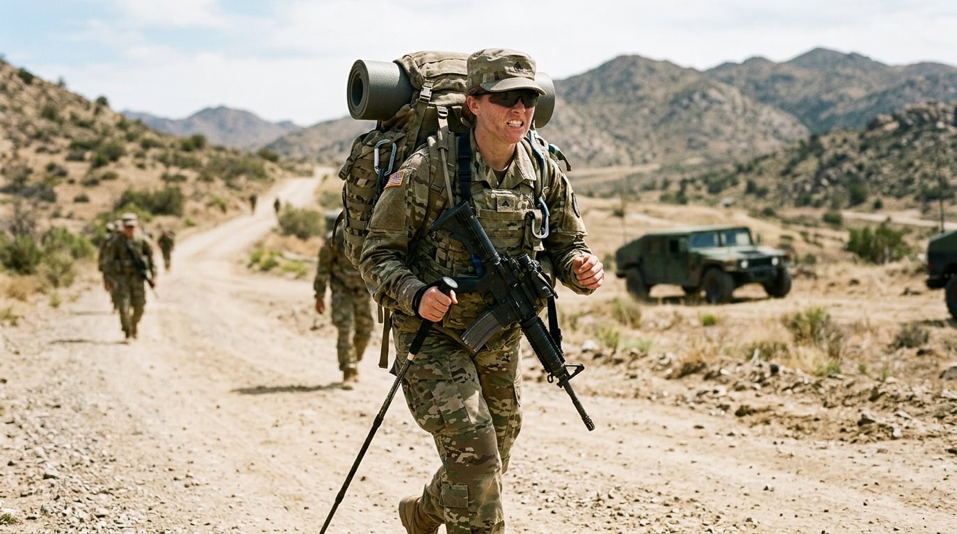 A woman soldier marching under a heavy rucksack and combat gear, a common origin of musculoskeletal injuries
