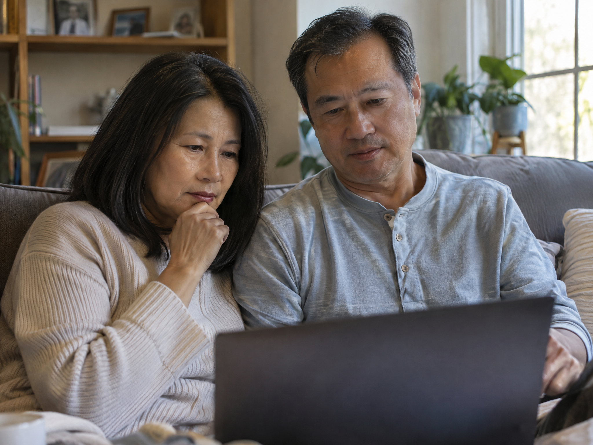 Veteran couple reading answers together on a laptop