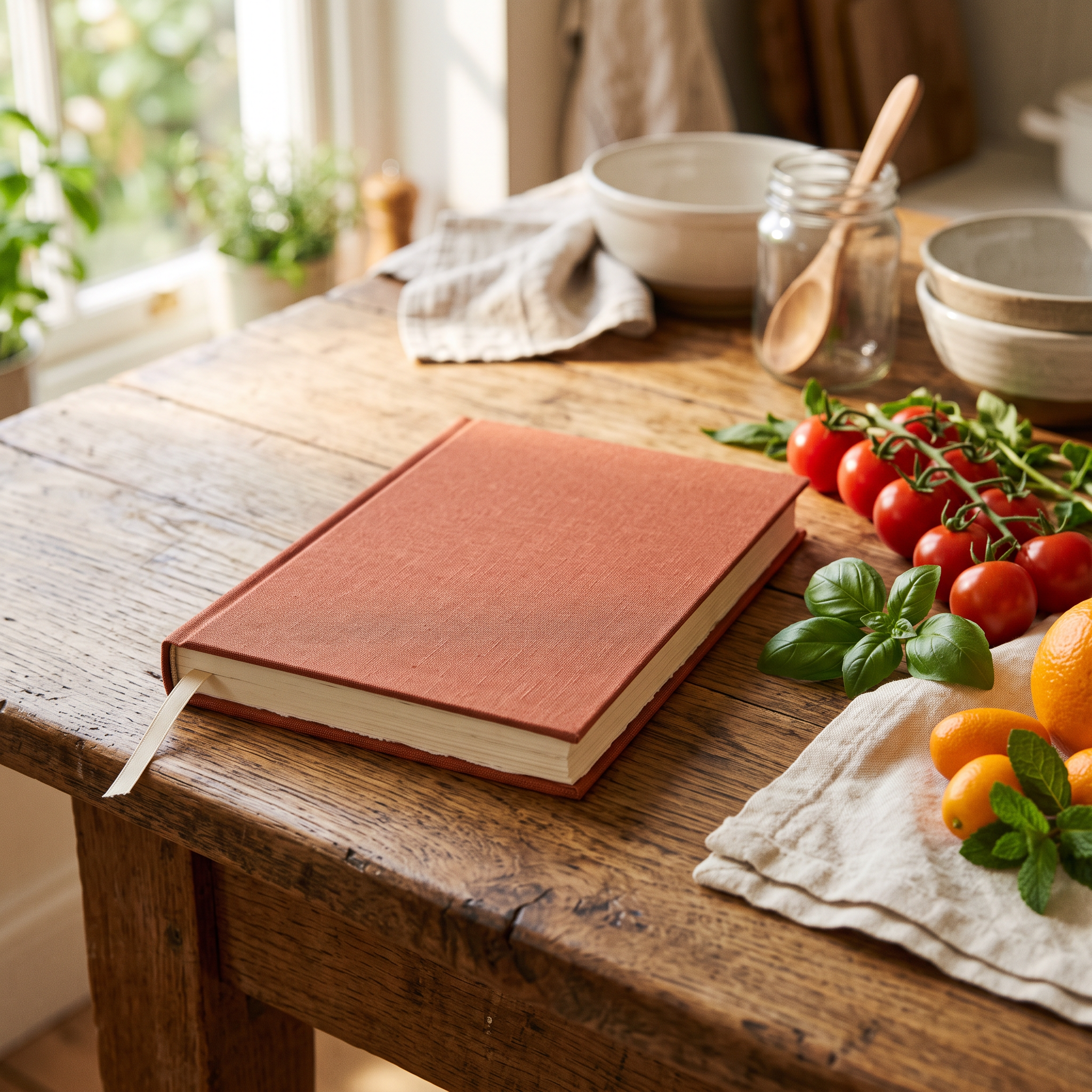 Terracotta hardcover journal on a kitchen table beside fresh colorful produce