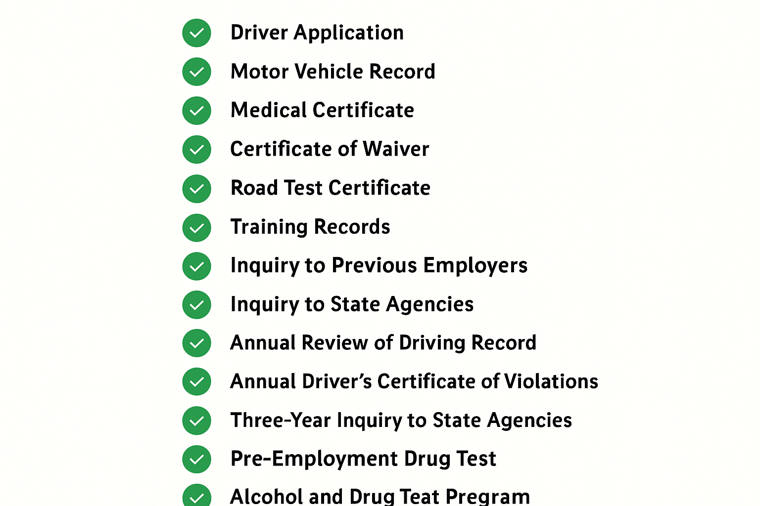 Audit preparation checklist showing 15 key DQF document requirements with checkmark icons and organized layout