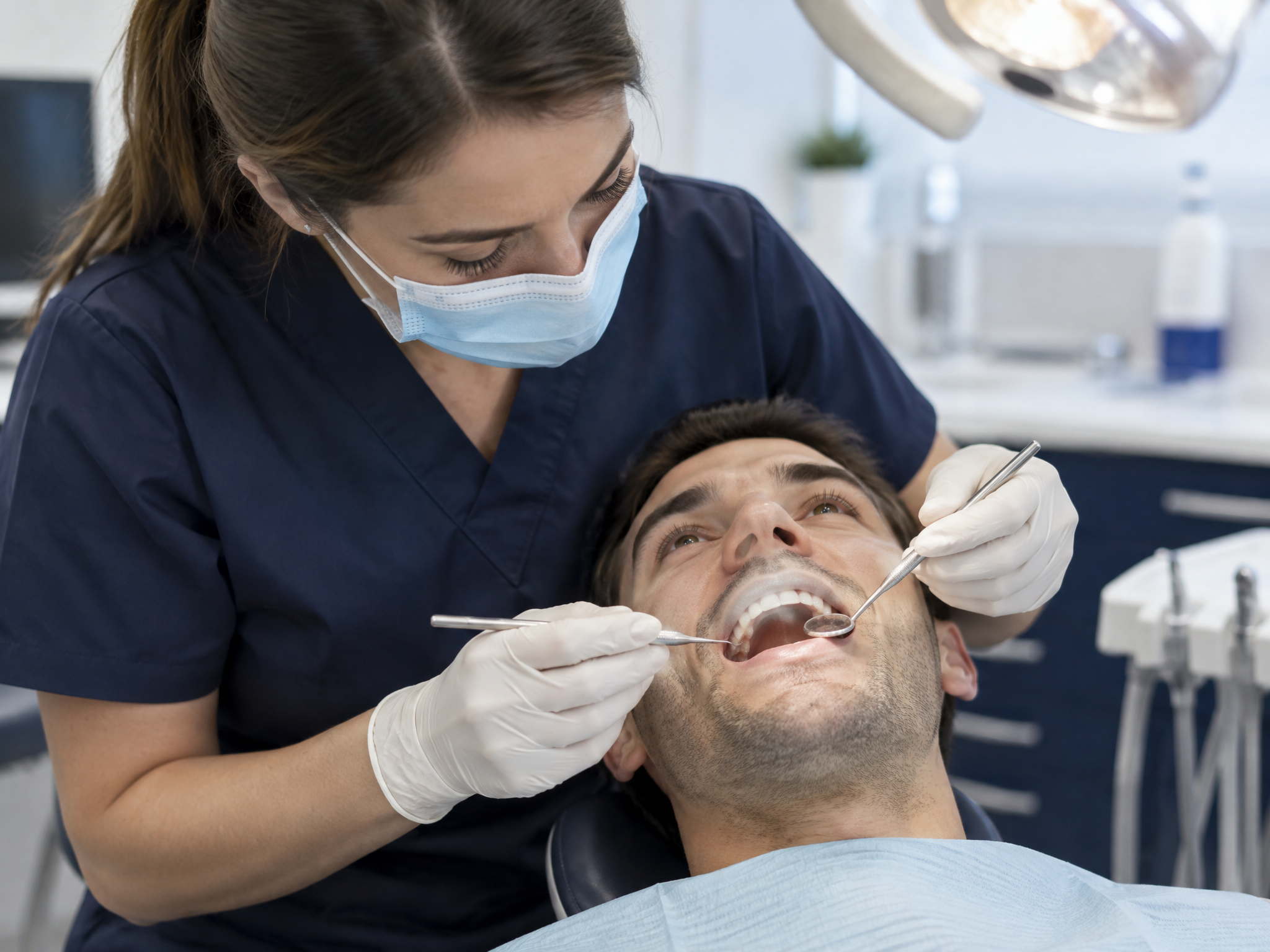 Professional dentist examining a patient during an emergency dental visit