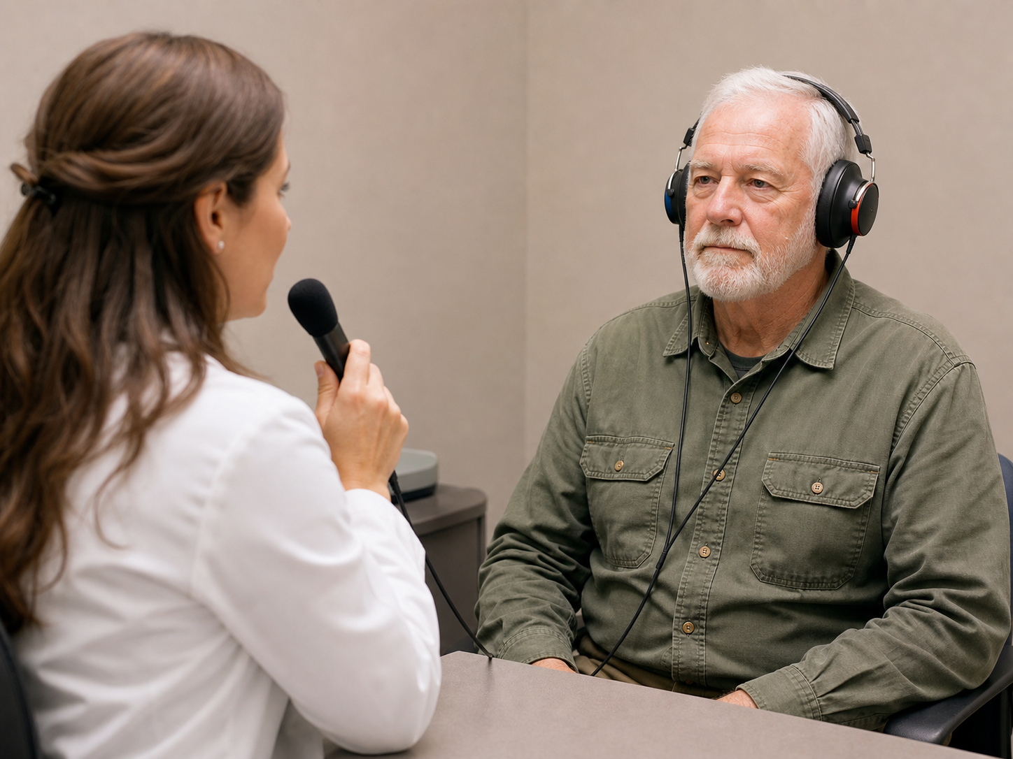 An audiologist speaking into a microphone while conducting a speech-recognition test with a veteran wearing audiometry headphones
