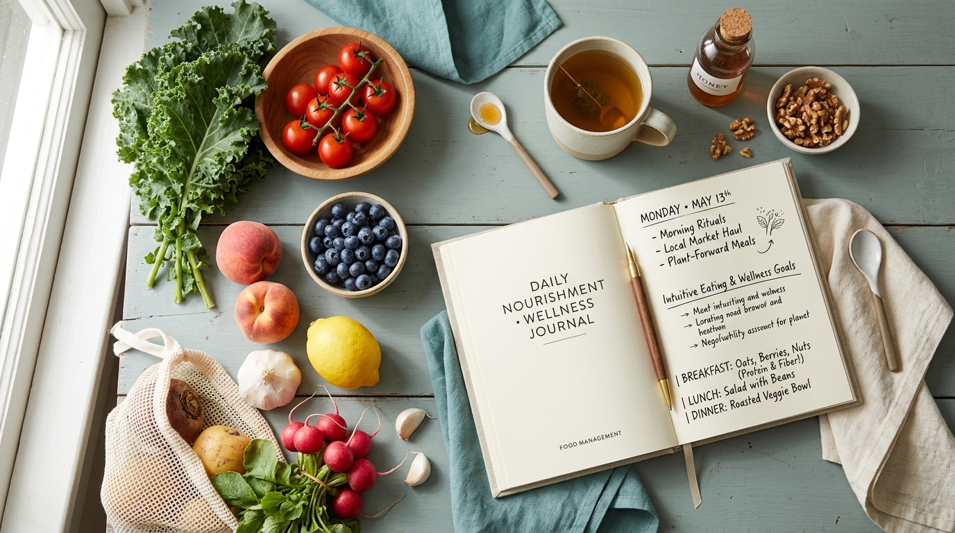 Fresh whole foods and a notebook representing personalised food intolerance management