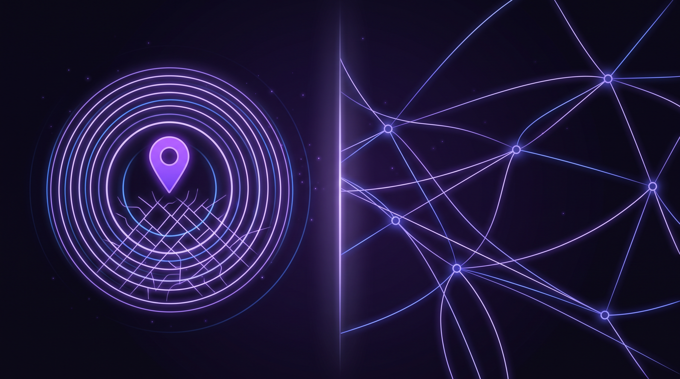 Split purple neon graphic — a map pin inside tight radar rings on one side, a wide sparse node network on the other