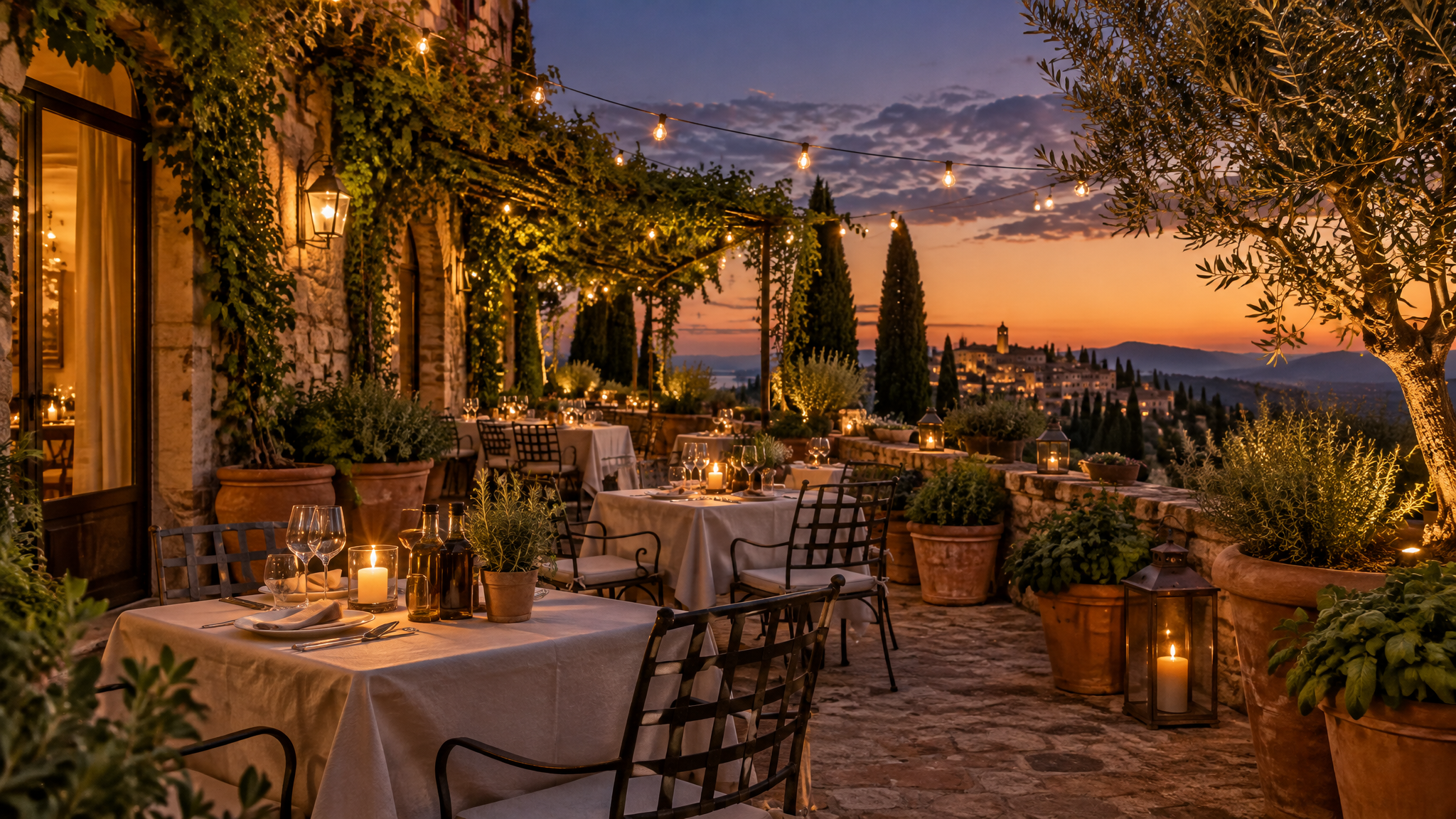 Italian dining patio at dusk
