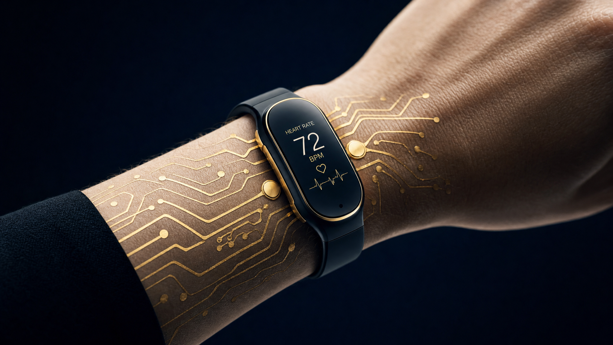 GoldSkin smart bracelet interface with gold contact pads and AMOLED display