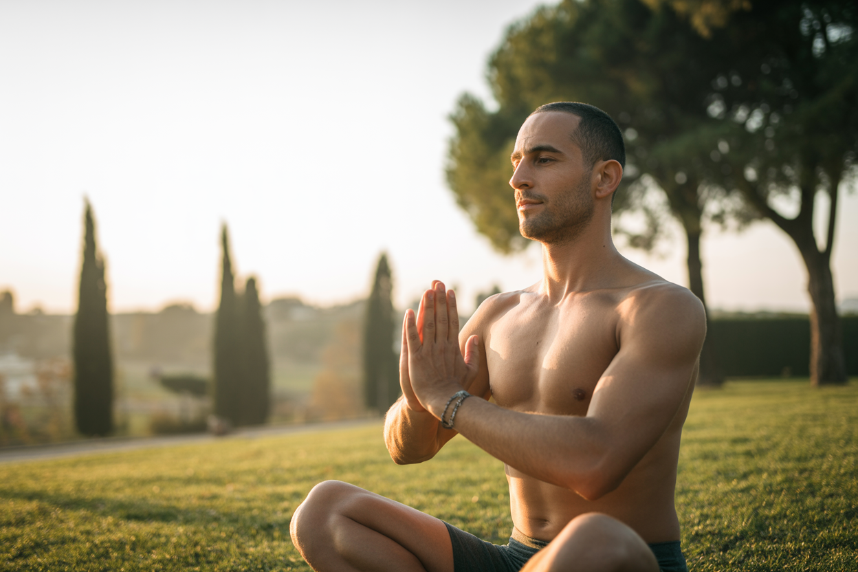 Uomo italiano che pratica yoga al mattino con energia rinnovata