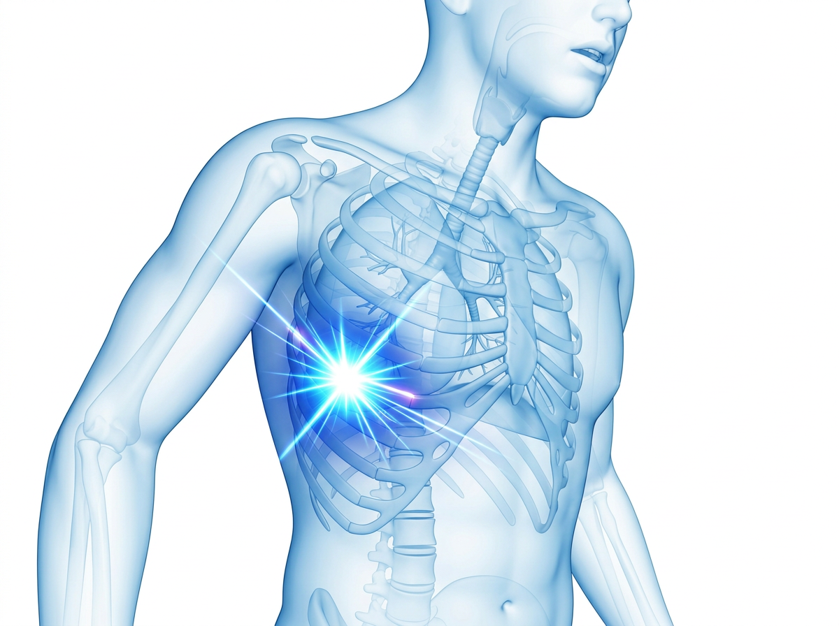 Illustration of a person taking a deep breath with a sharp pain spike lighting up along the ribs of one side of the torso