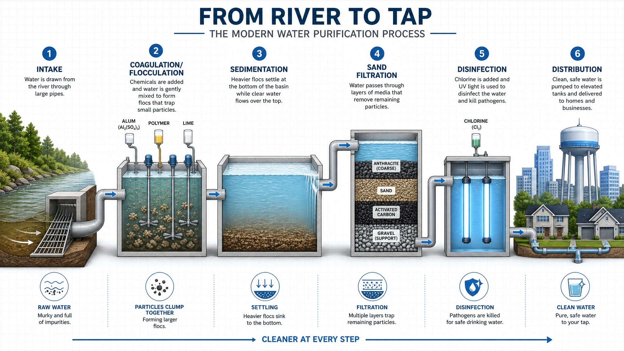 Infographic showing the modern water purification process: intake, coagulation, sedimentation, filtration, disinfection, distribution