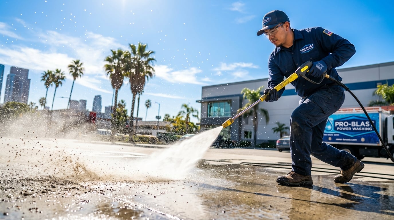 EnviroStripes professional pressure washing a concrete surface in Los Angeles