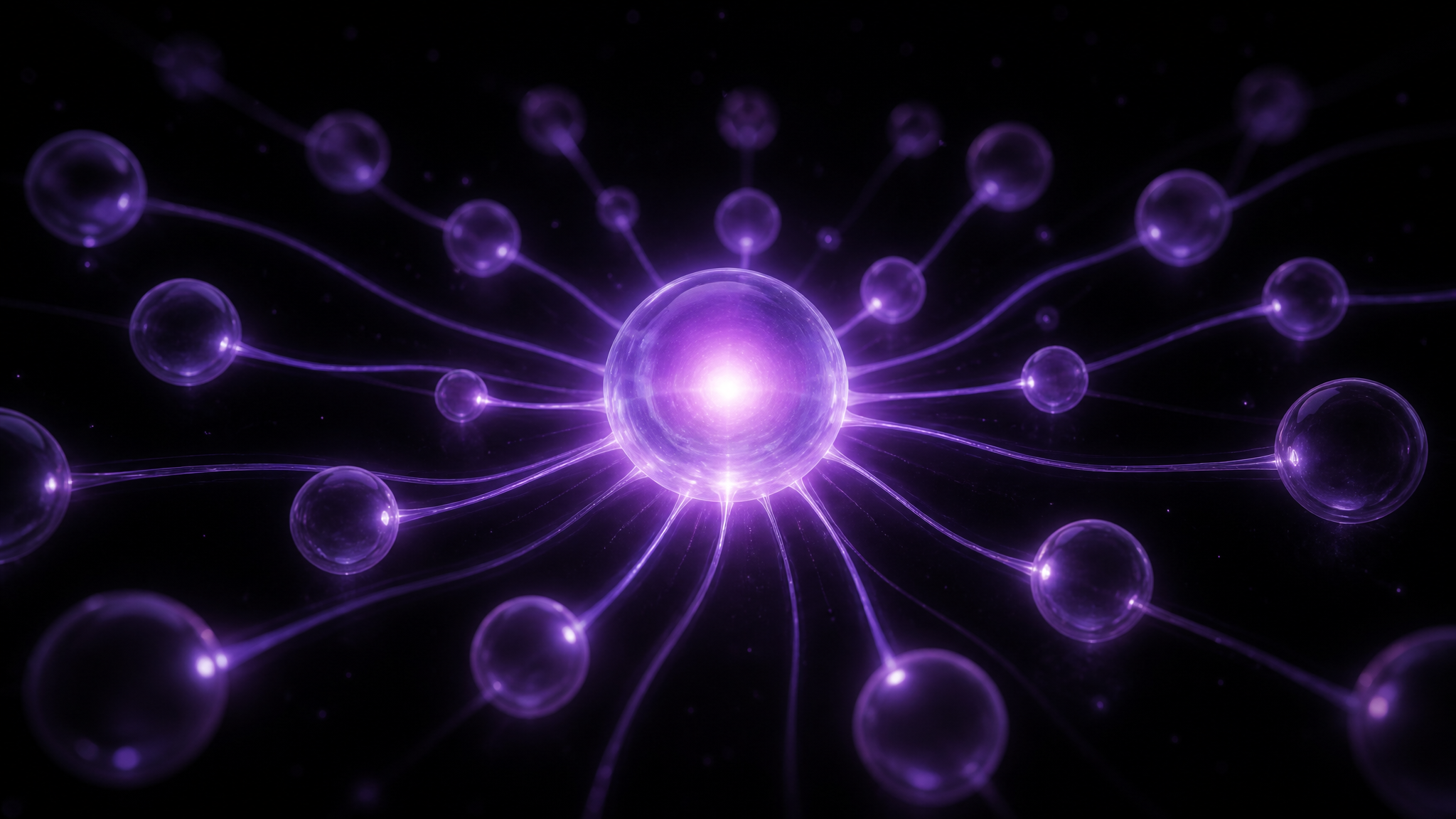 Frosted violet glass nodes connected by glowing lines converging on one bright central glass answer panel in the dark, representing AI search and answer engines