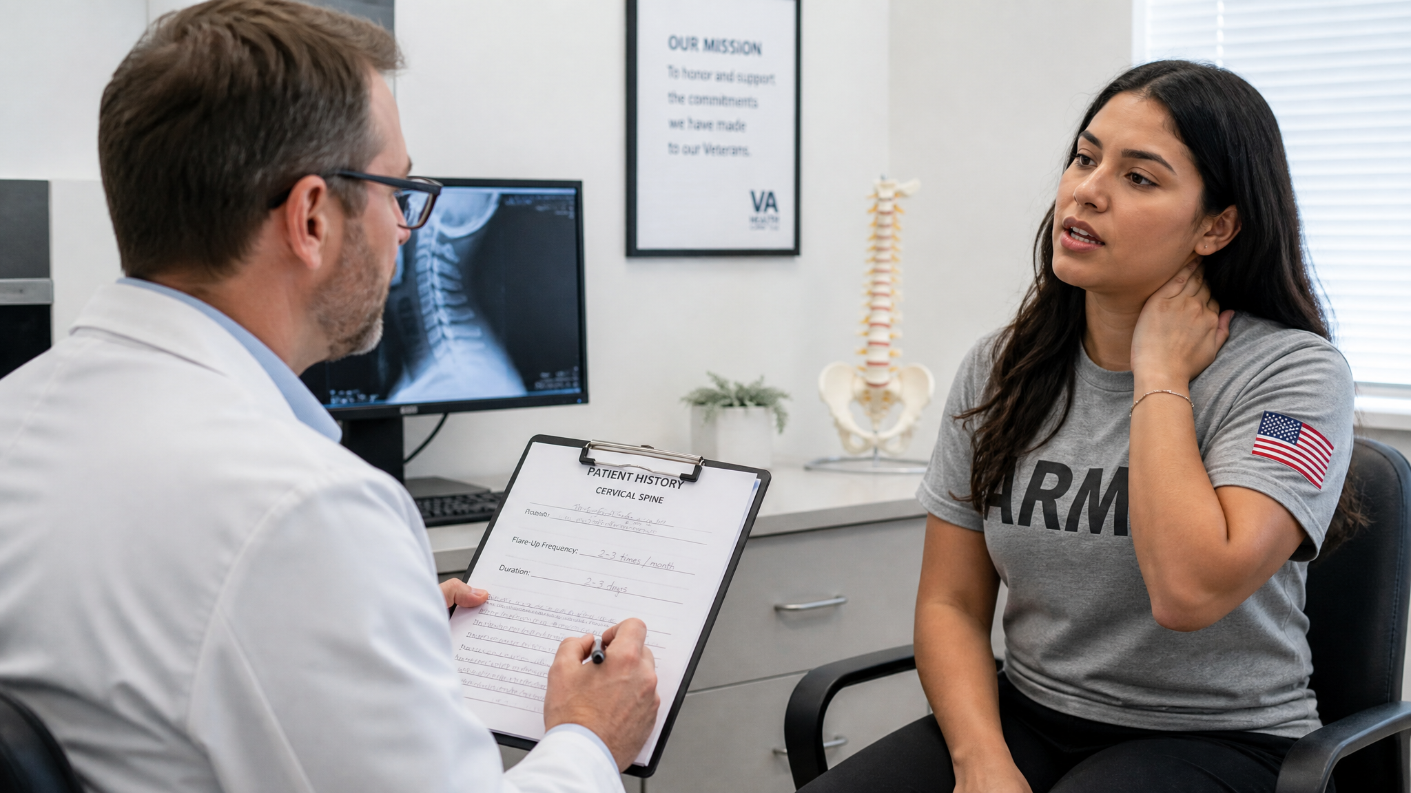 Clinician interviewing a seated Hispanic female veteran who is gesturing to her neck about cervical flare-ups