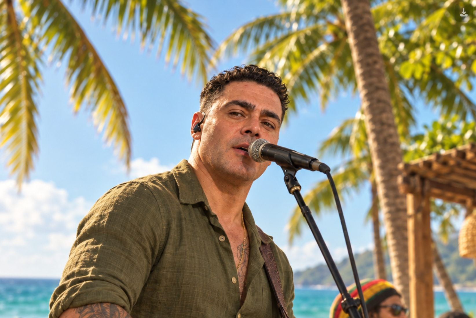 JAH.I cantando ao ar livre na praia com palmeiras ao fundo