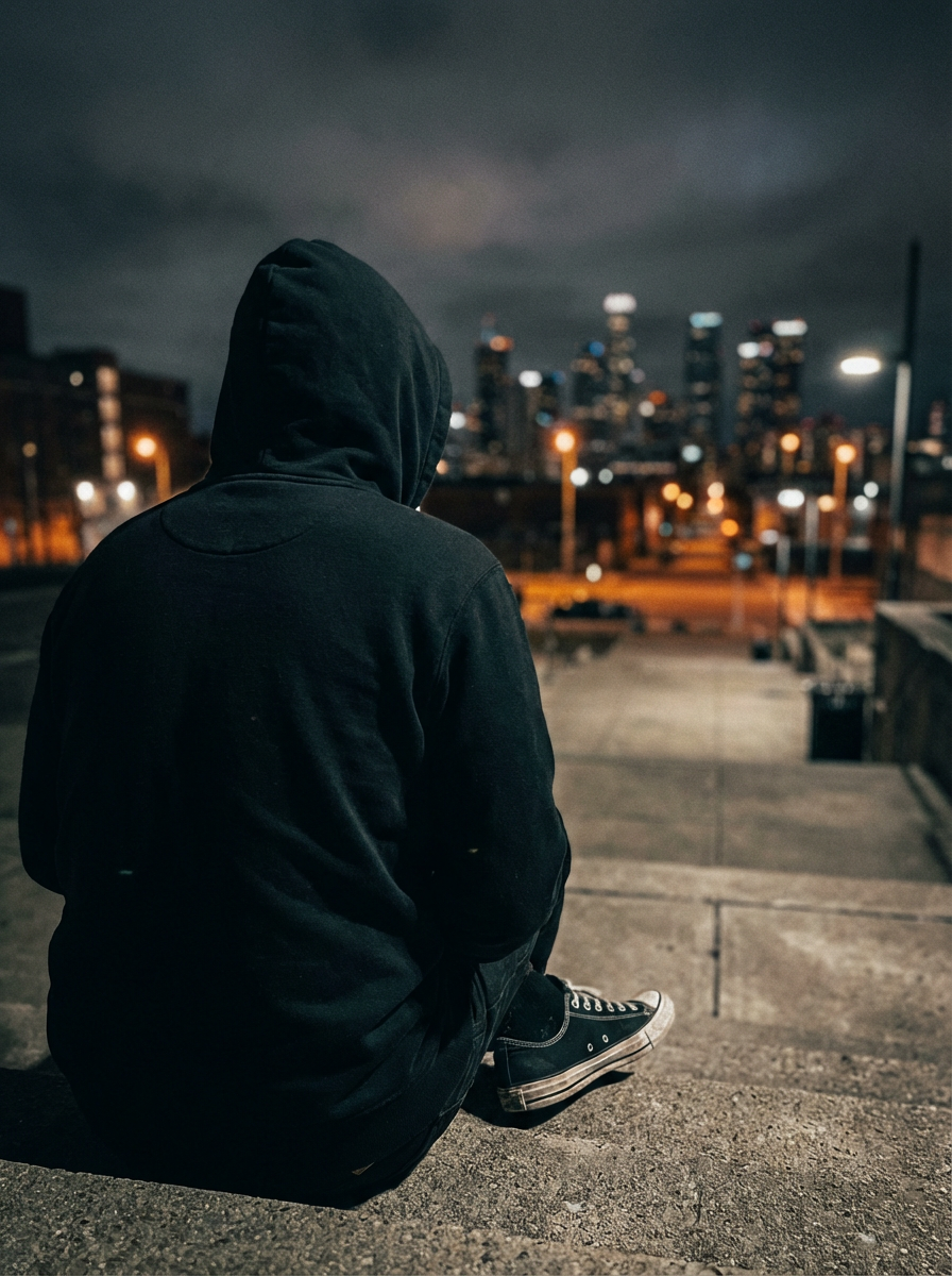 Personne de dos assise en hoodie NUIT BLANCHE dans un cadre urbain nocturne