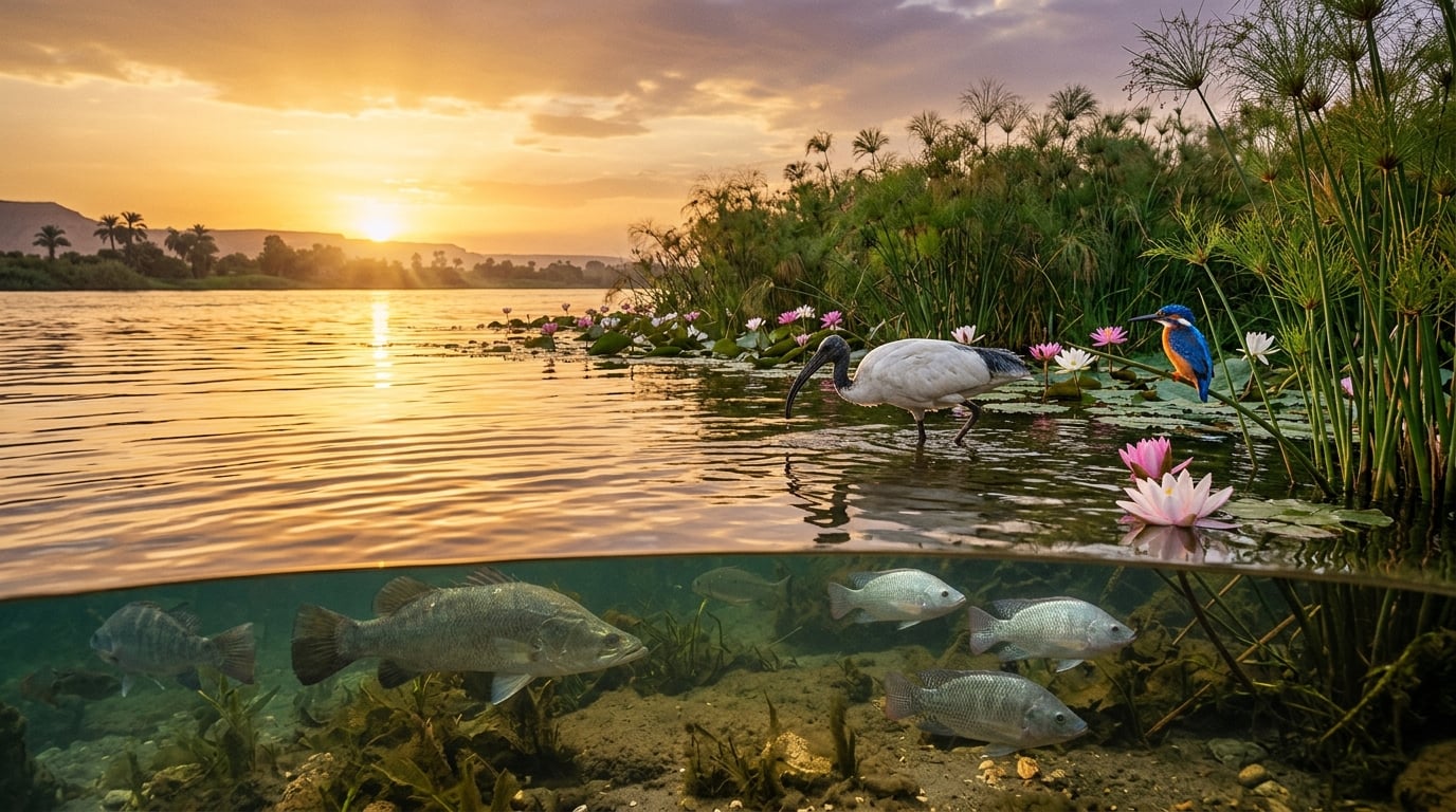 Vibrant Nile ecosystem with fish, sacred ibis, kingfisher, papyrus and lotus blooms at golden hour