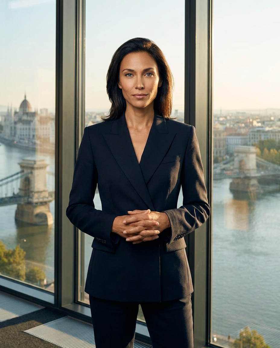 Gabriella Korda — standing confidently with city skyline