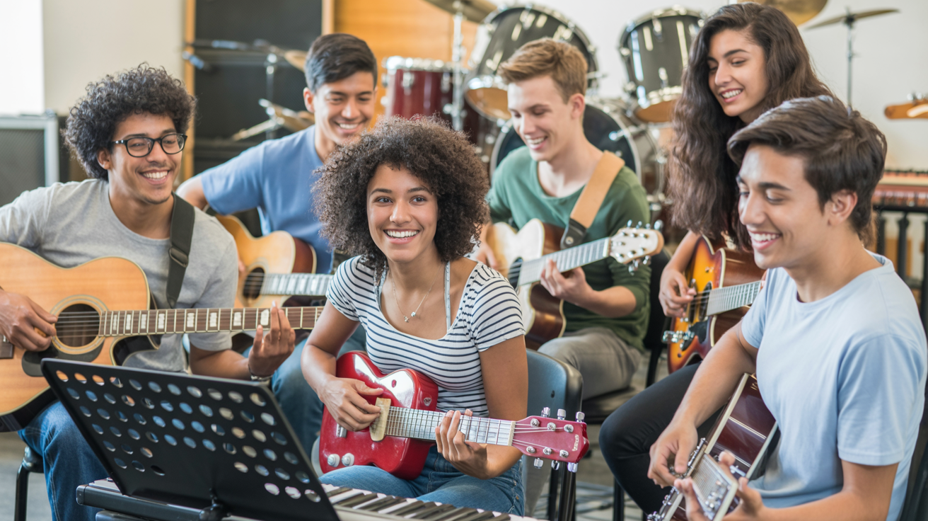Alunos felizes tocando na Escola Muzikal