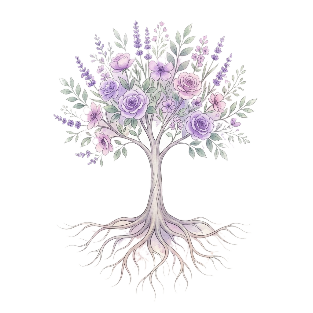 Ilustração aquarela: árvore com raízes visíveis e galhos floridos em lilás