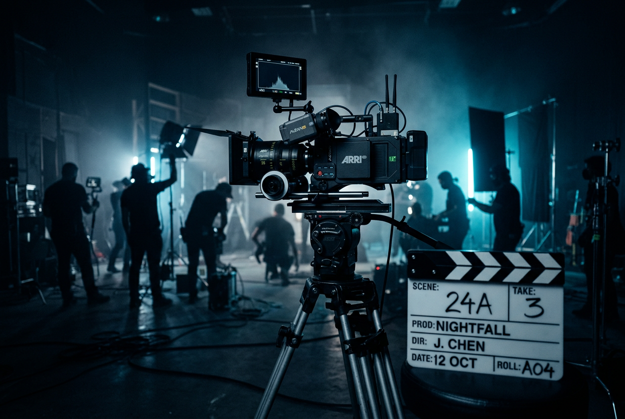 Film production set with clapperboard and professional filming equipment