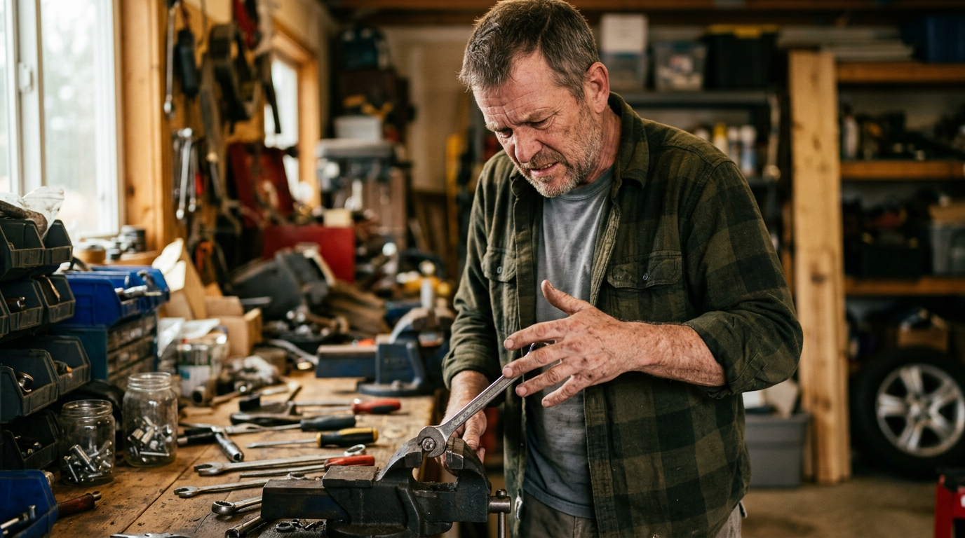 A middle-aged male veteran in a home workshop unable to grip a wrench as it slips from his weak, clumsy fingers, a frustrated expression, conveying loss of hand function that affects his ability to work