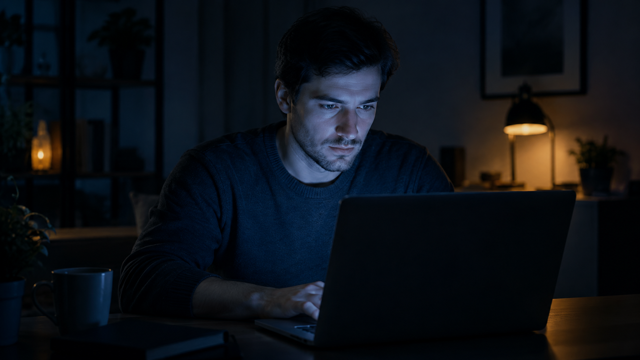 Pessoa trabalhando em laptop à noite com luz azul da tela